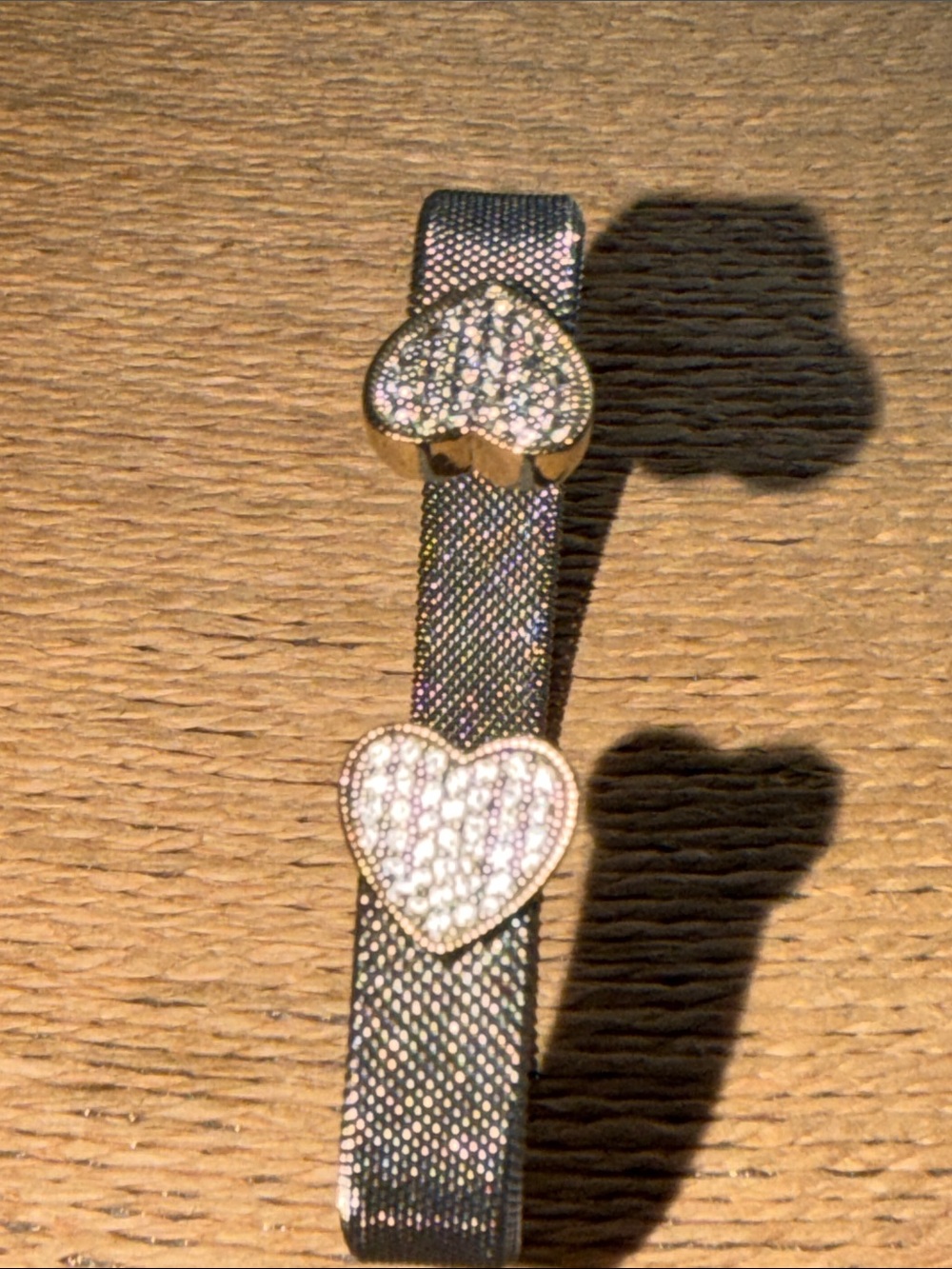 Bracelet two hearts with pave crystals silver mesh finish cuff style